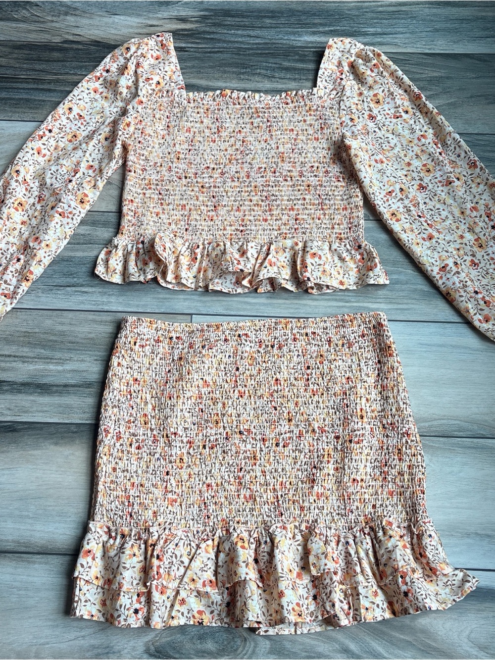 Floral Smocked Two-Piece Set in Cream and Peach